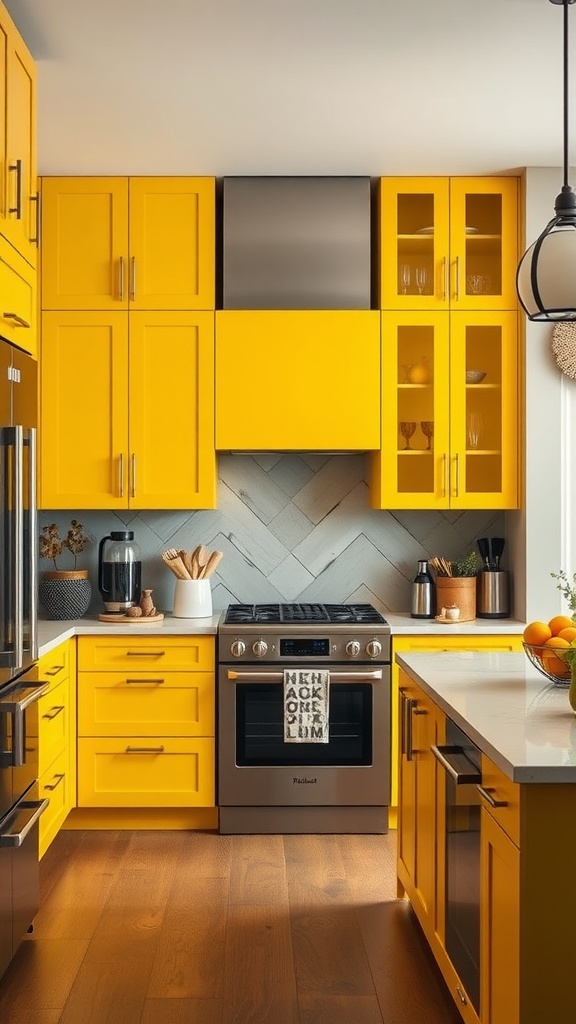 A bright yellow kitchen featuring custom cabinetry, a gray backsplash, and modern appliances.