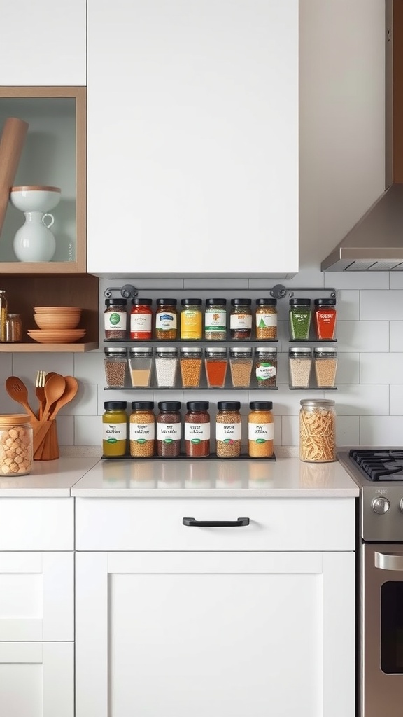 A customizable magnetic spice rack with various spice jars neatly organized on a magnetic strip in a modern kitchen.