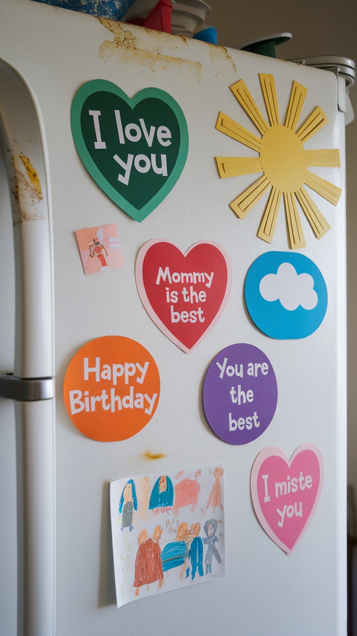 A refrigerator decorated with colorful magnets and personal photos, showcasing a vibrant and personalized kitchen decor.