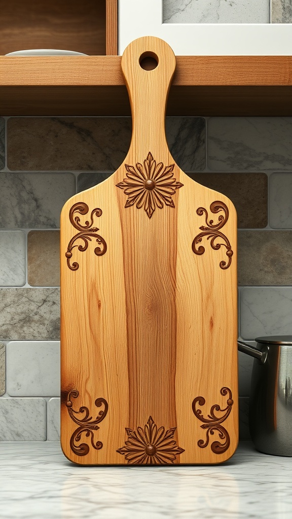 Decorative wooden cutting board with floral engravings on a kitchen shelf
