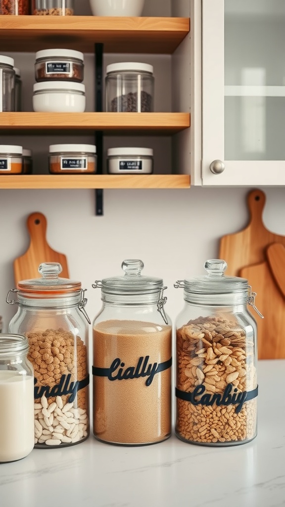 A collection of decorative glass jars filled with various ingredients, neatly organized on wooden shelves.