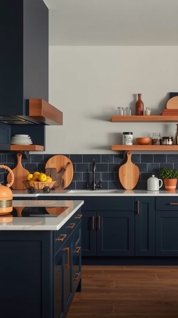 A modern kitchen featuring deep navy cabinetry, warm tan wooden accents, and an orange kettle.