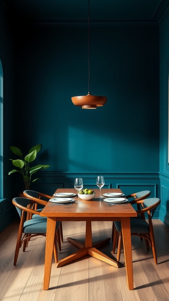 Dining room featuring deep teal walls and warm wooden furniture.