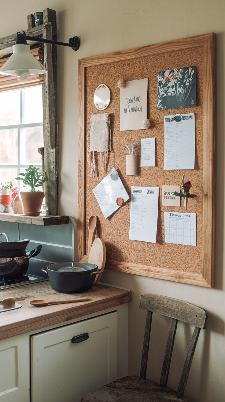 A cork bulletin board with photos and notes pinned on it, placed in a kitchen setting.