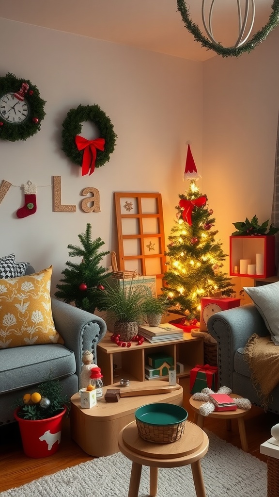 A cozy holiday-themed living room with decorations, a small tree, and a craft corner.