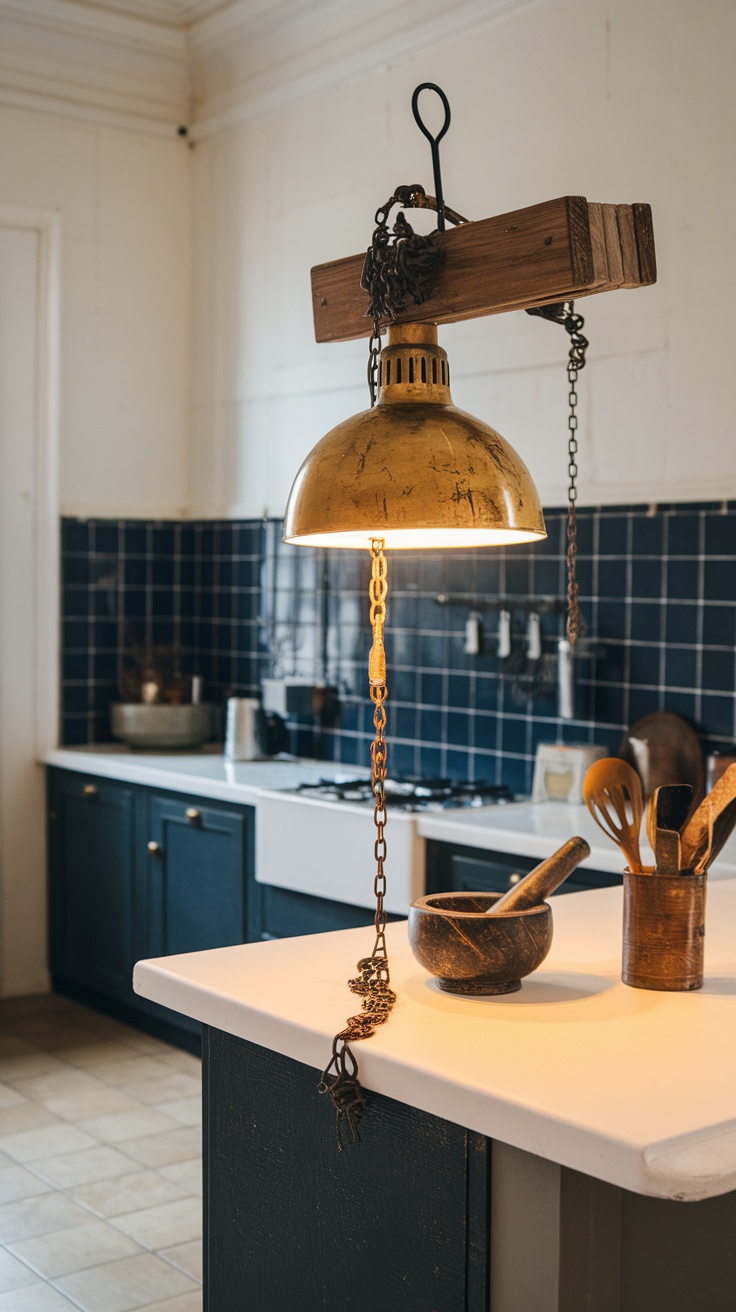 A vintage-style hanging light fixture with a warm bulb, illuminating a cozy kitchen space.