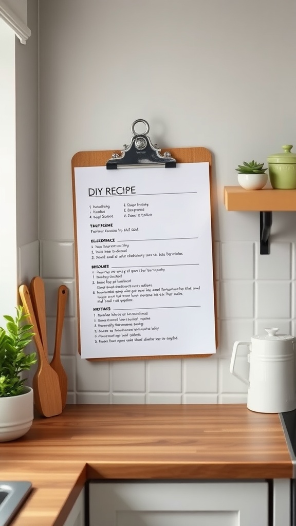 A DIY recipe clipboard hanging in a kitchen, showcasing a recipe with a clean design.