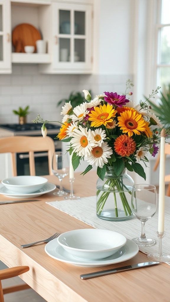 A beautifully arranged table with a fresh flower centerpiece in a cozy kitchen setting.