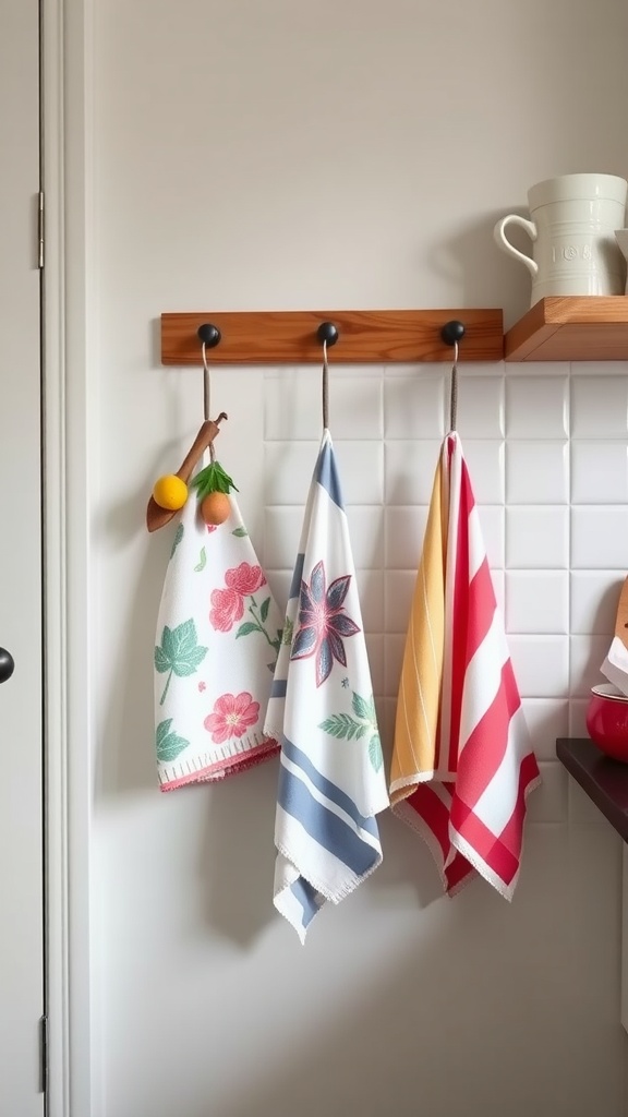 A wooden wall hanger with colorful tea towels hanging from it in a kitchen setting.
