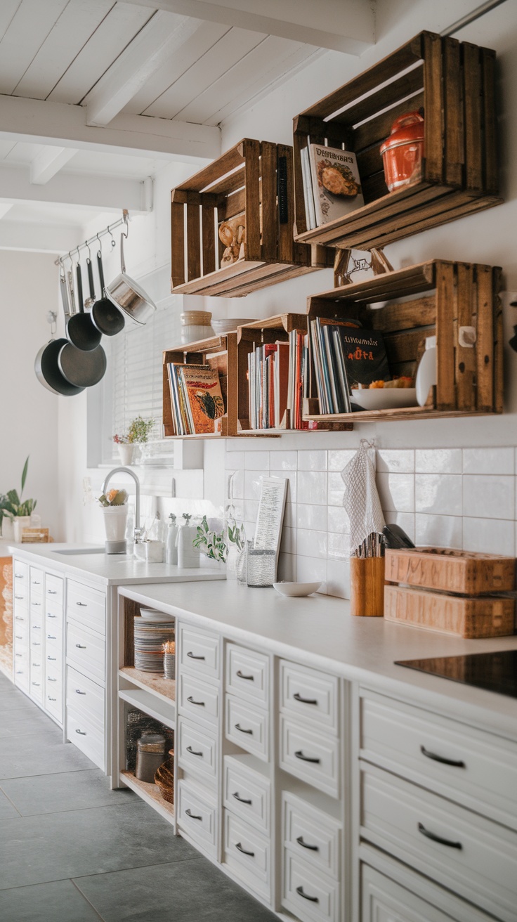 Wooden crate shelves filled with books, jars, and decorative items in a kitchen