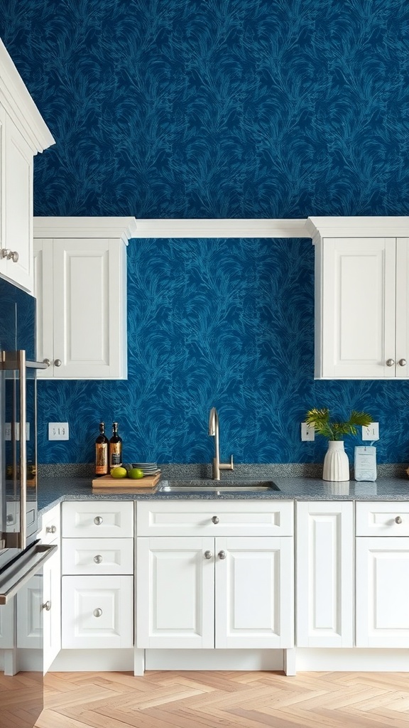 A kitchen featuring dramatic blue wallpaper with a modern farmhouse design.