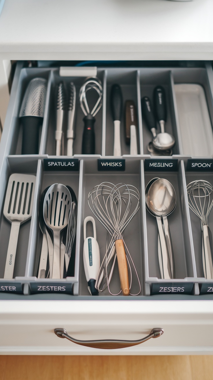 An organized kitchen utensil drawer with wooden dividers separating different utensils
