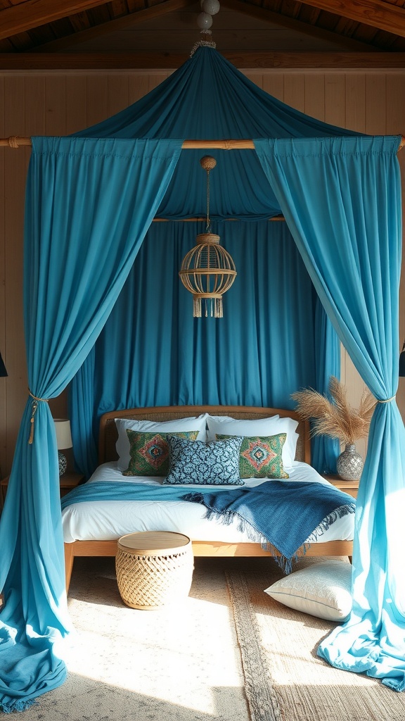 A cozy blue canopy bed with colorful pillows and natural textures.