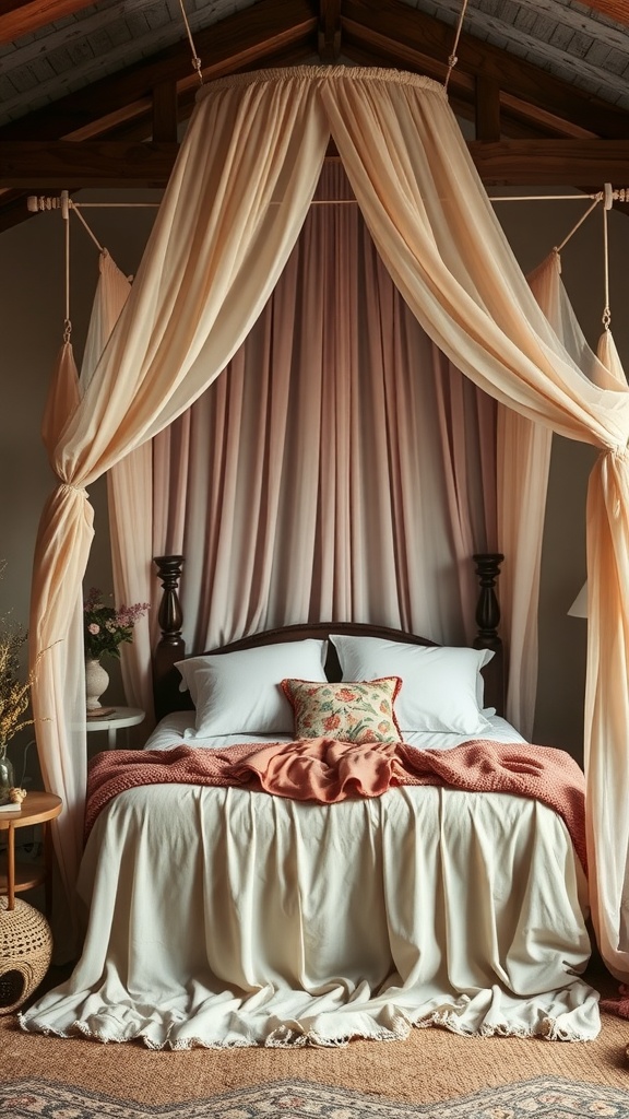 A cozy boho bedroom featuring a dreamy canopy bed with soft drapes, layered bedding, and warm decor.