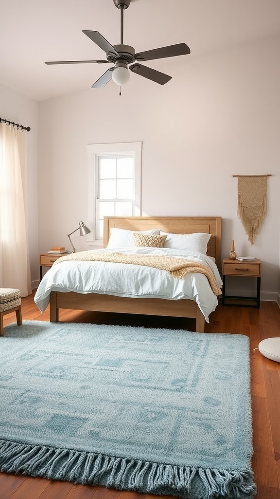 A cozy modern farmhouse bedroom featuring a dusty blue area rug, wooden bed frame, and light curtains.