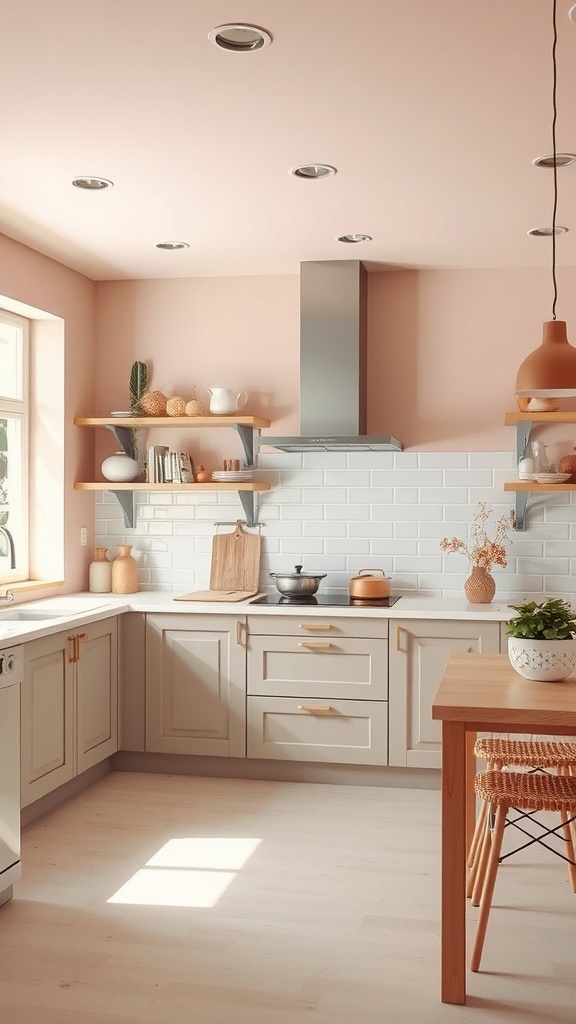 A modern kitchen featuring dusty rose walls and light gray cabinetry with wooden accents.