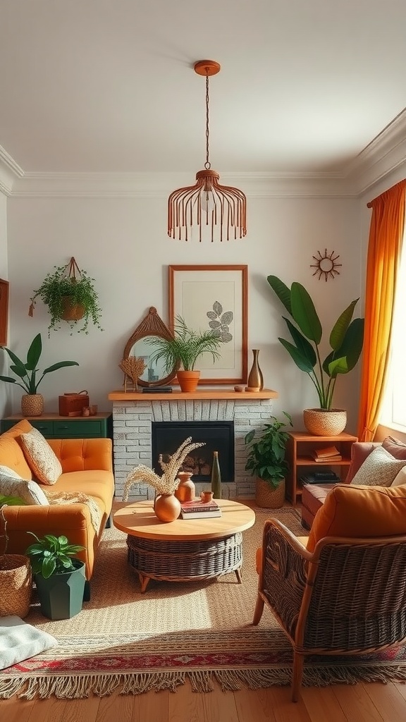 A cozy Boho living room featuring an earthy color palette with orange and green tones, plants, and a brick fireplace.