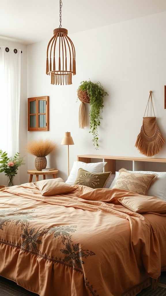 A boho bedroom featuring earthy colors, decorated with a terracotta bedspread, plants, and woven decor.