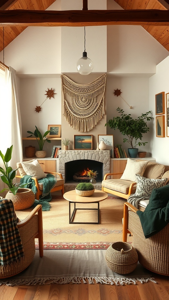 A cozy boho living room with earthy tones, featuring a stone fireplace, plants, and layered textiles.