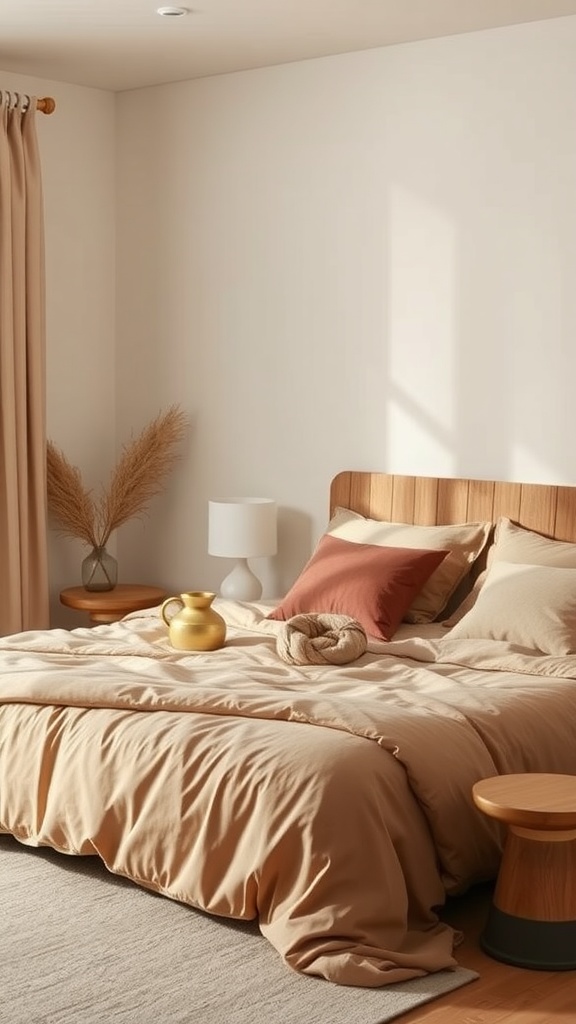 A cozy bedroom featuring earthy hues and minimalist design with a wooden bed, warm bedding, and simple decor.
