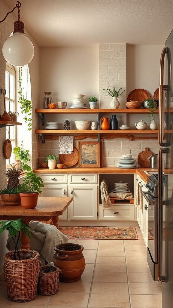A cozy kitchen featuring earthy terracotta accents and cream cabinetry.