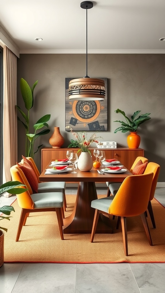 A modern dining room with earthy tones, wooden furniture, and vibrant accent colors.