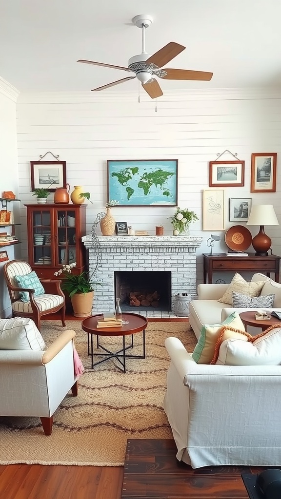 Cozy living room with vintage furniture, a world map, and coastal decor