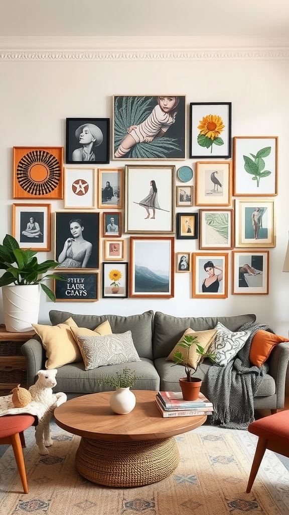 An eclectic gallery wall featuring various framed artworks above a cozy orange sofa in a boho living room.
