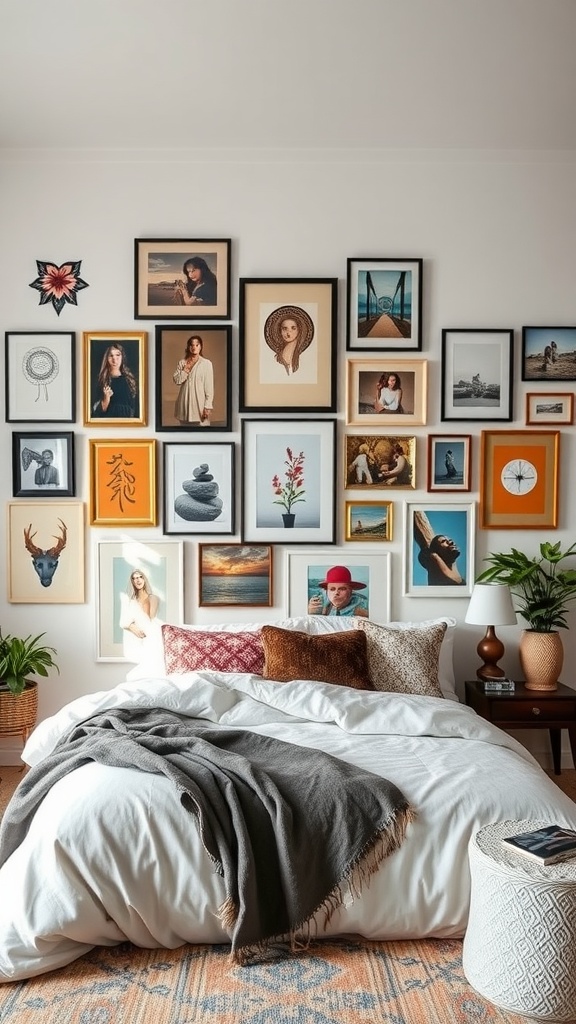 Eclectic gallery wall in a boho bedroom featuring mixed art styles and frames.