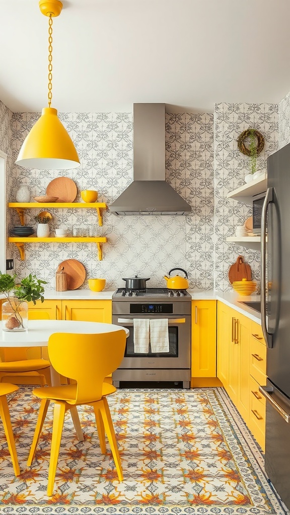 A bright yellow kitchen featuring colorful patterns and eclectic decor.