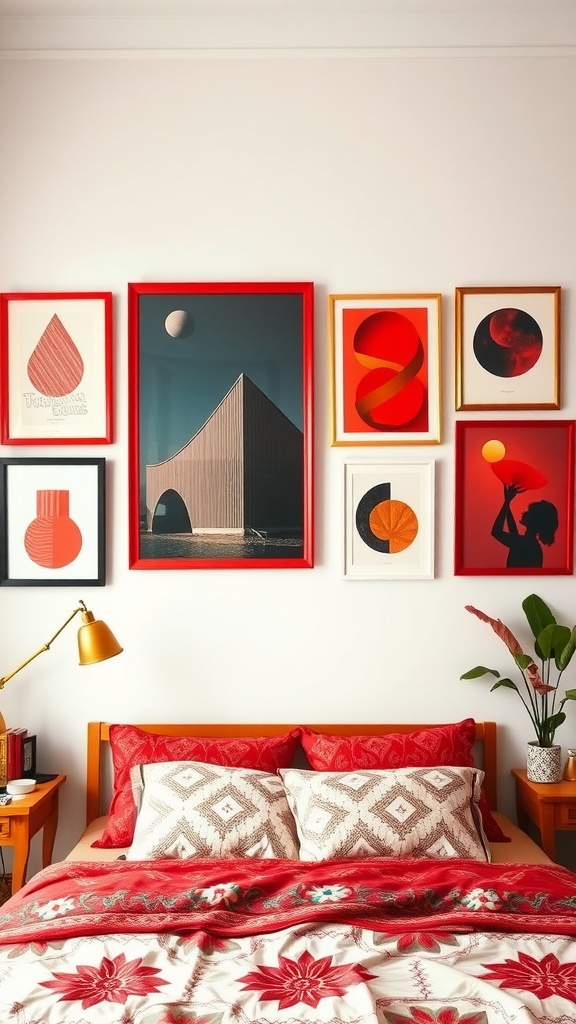 A boho bedroom featuring a variety of eclectic red artwork on the wall above a neatly made bed.