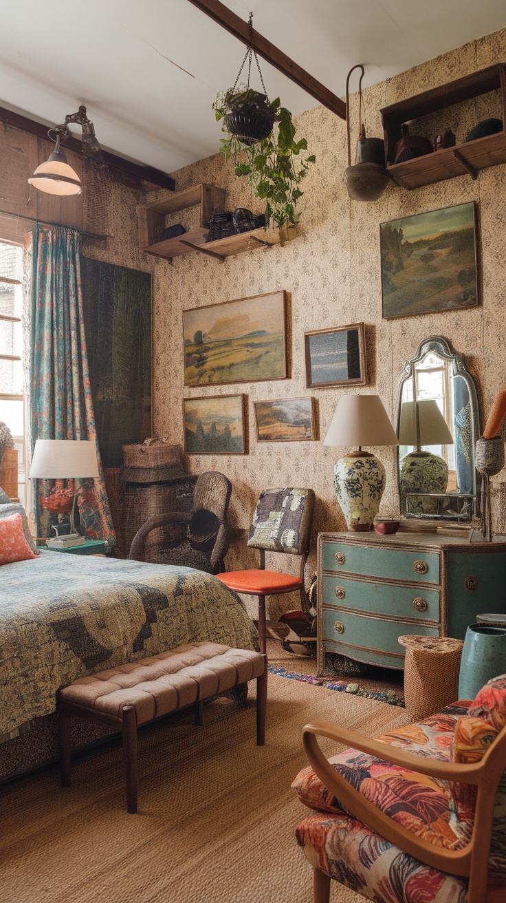 A vintage-inspired bedroom with eclectic decor, featuring a gallery wall of pictures, patterned bedspread, and cozy furniture.