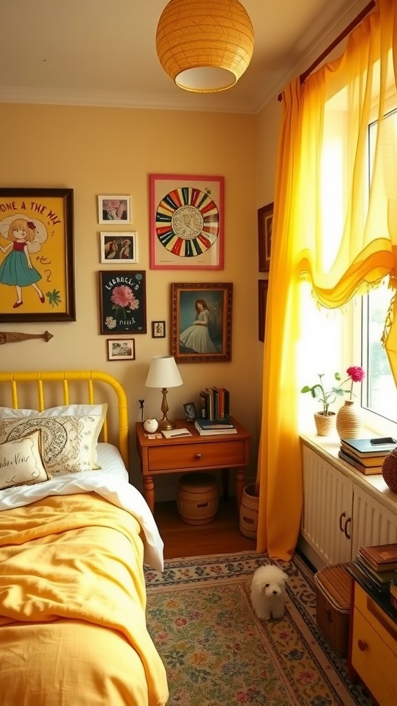 A cozy yellow boho bedroom with vintage decor, colorful artwork, and a warm atmosphere.