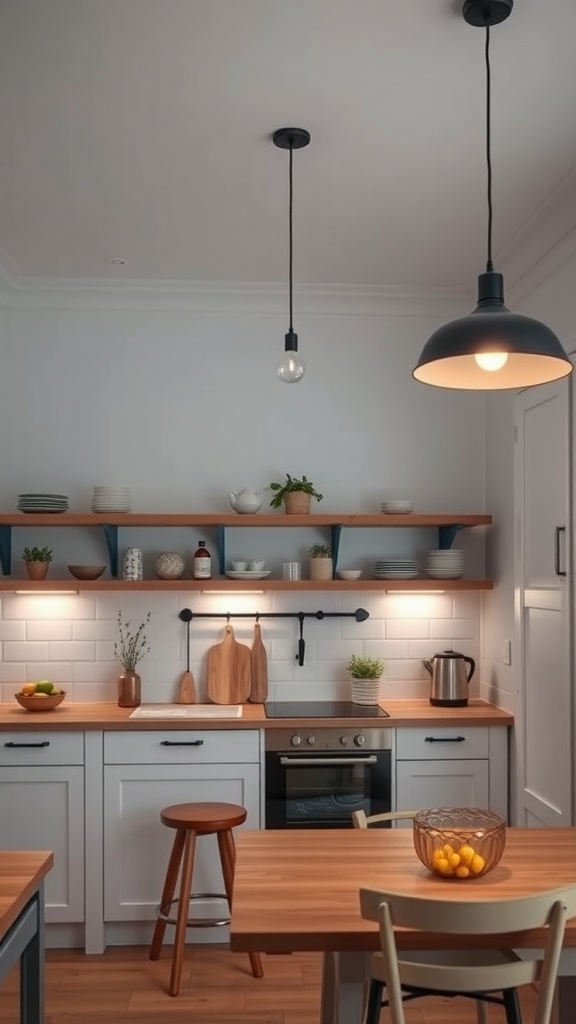 A Scandinavian kitchen with efficient lighting, showcasing a pendant light and warm under-shelf lights.