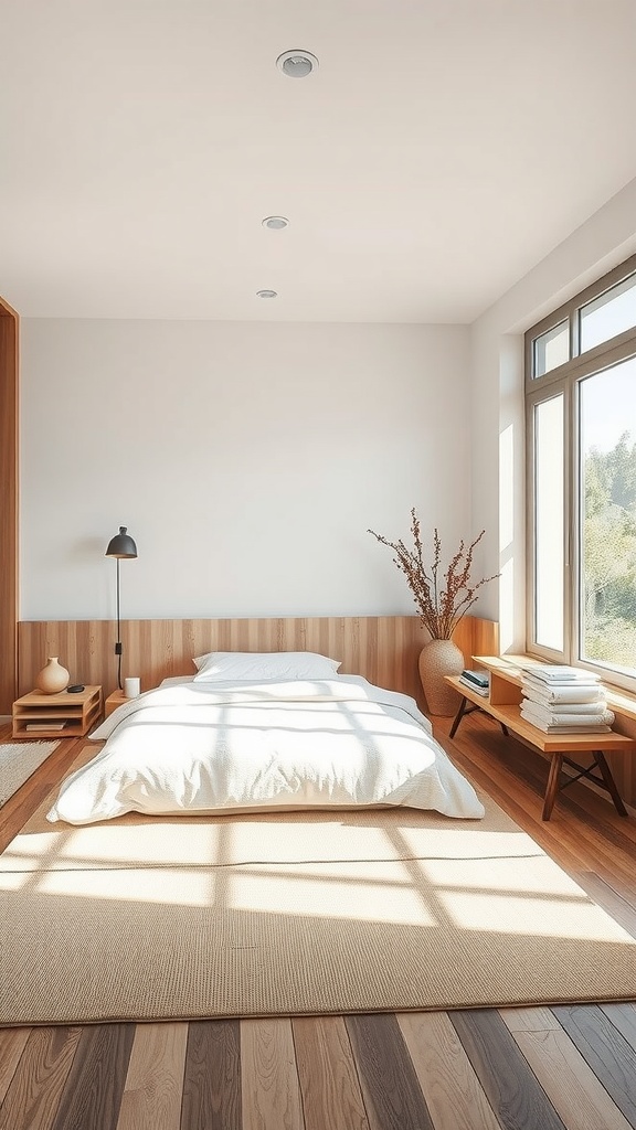 A minimalist bedroom designed in Asian Zen style, featuring a bed with white linens, wooden accents, and natural light from large windows.