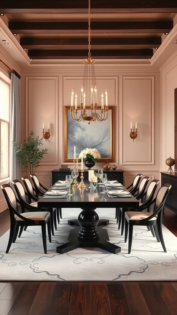 A dining room featuring elegant blush walls, dark walnut accents, a black table, and stylish chairs, illuminated by a chandelier.
