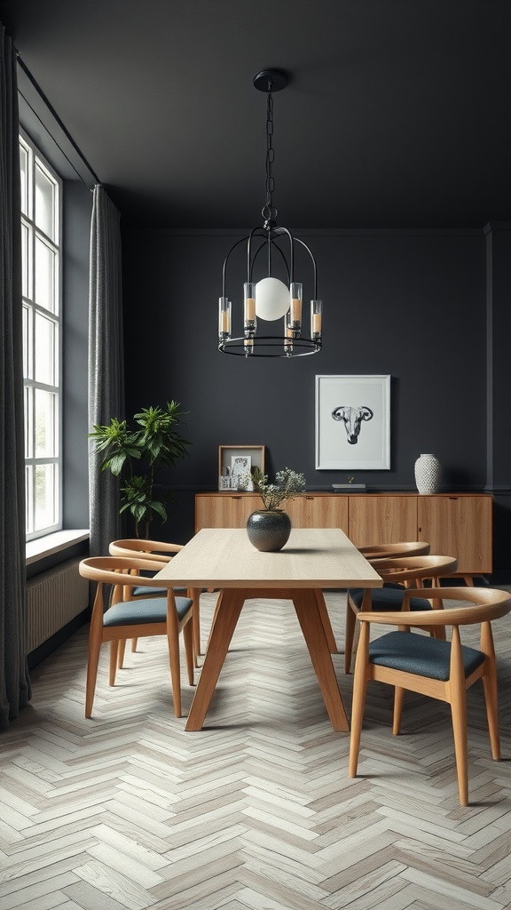 A dining room featuring charcoal walls, a light maple table, and wooden chairs, with herringbone flooring and elegant lighting.