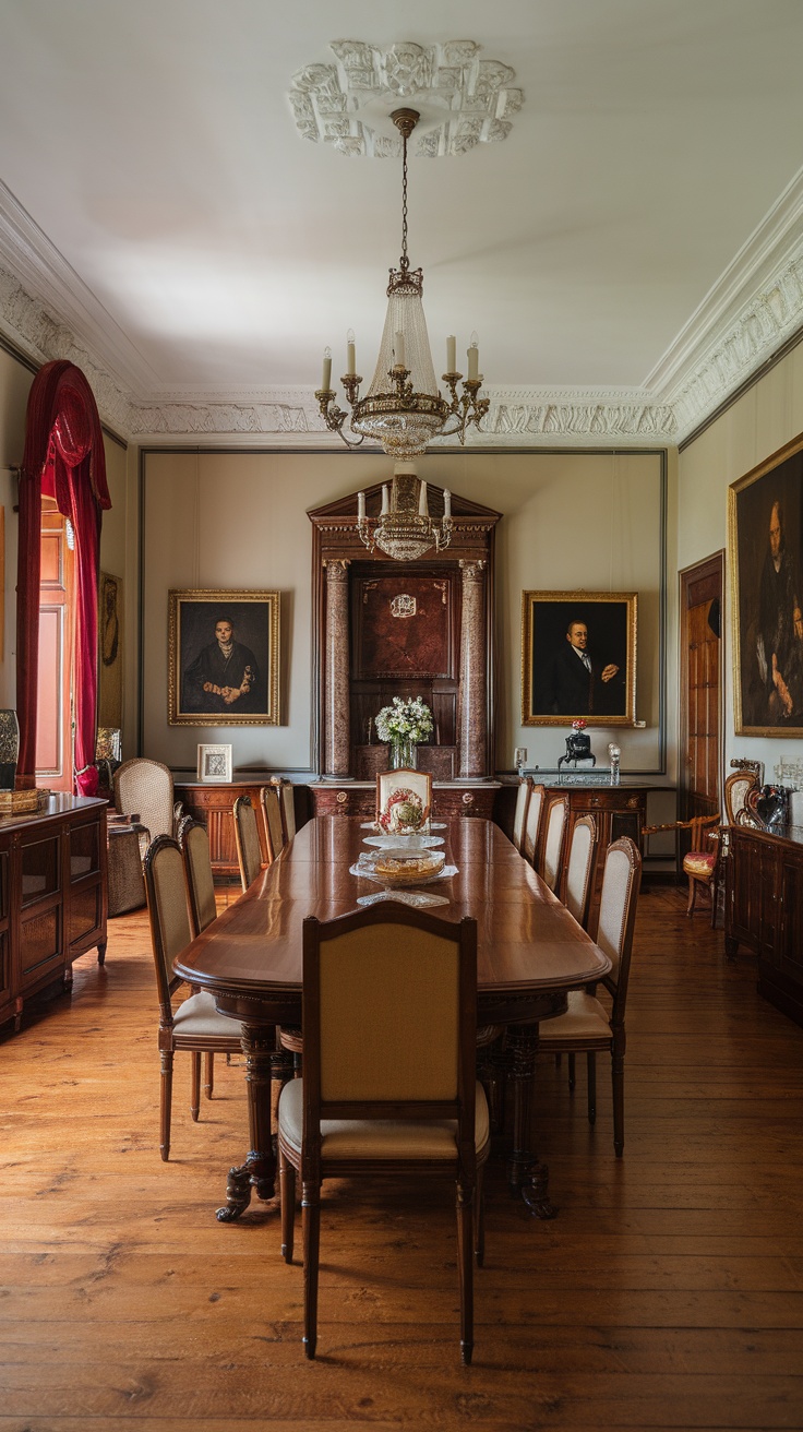 Elegant dining room in Georgian style with red walls, a large table set, and ornate chandelier.