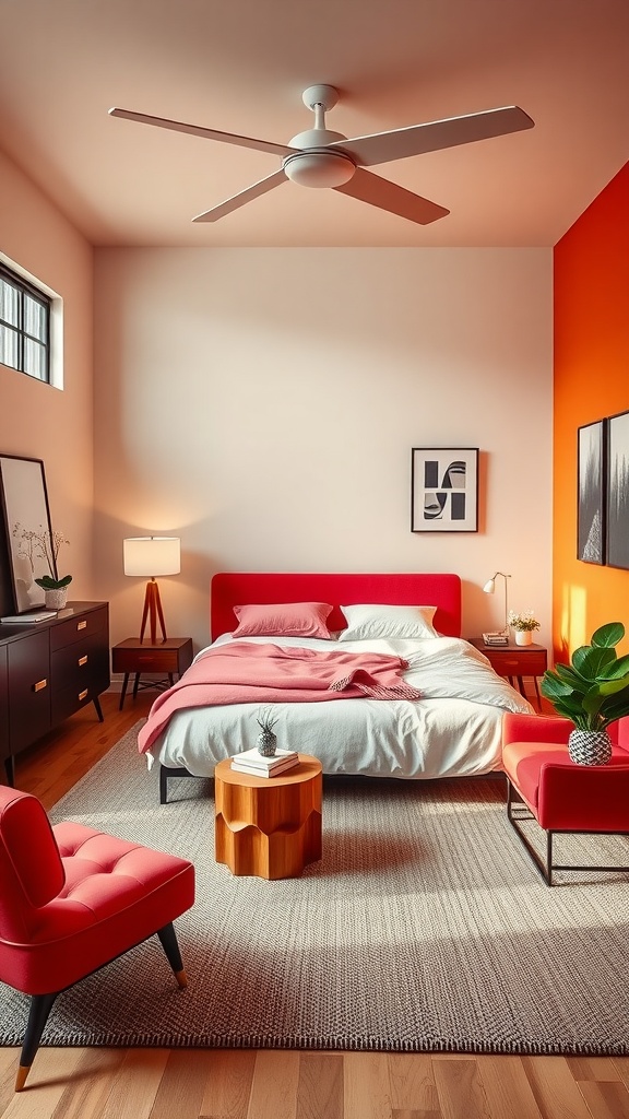 A cozy mid-century modern bedroom featuring a red bed, accent chairs, and wooden furniture.