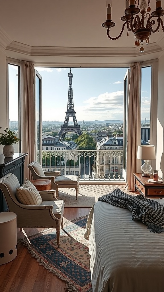 A cozy bedroom in a Parisian apartment with a view of the Eiffel Tower