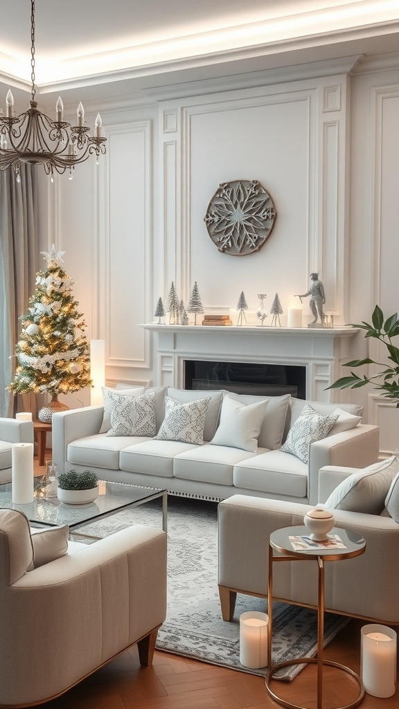 An elegant winter-themed living room with a Christmas tree, cozy seating, and a decorated fireplace.