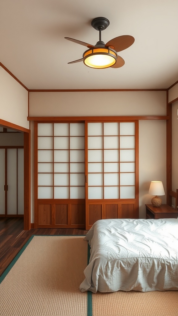 A serene Japandi bedroom with a bed, sliding wooden doors, and tatami mats.