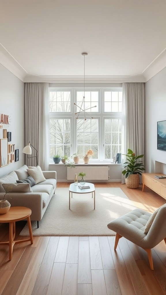 A cozy Scandinavian living room featuring a light gray sofa, wooden furniture, and large windows with plants.