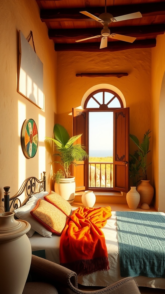 A cozy Mediterranean bedroom with a bed adorned in colorful pillows and a vibrant orange throw, illuminated by natural light through a large window with wooden shutters.