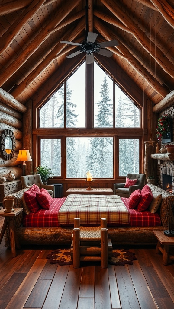A rustic lodge bedroom with wooden beams, large windows, and a plaid blanket on the bed
