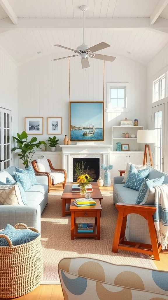 A coastal living room with light blue sofas, wooden furniture, and nautical decor.