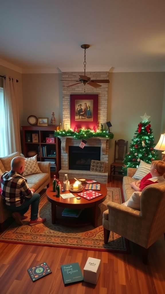 Cozy living room with Christmas tree and family members ready for game night.