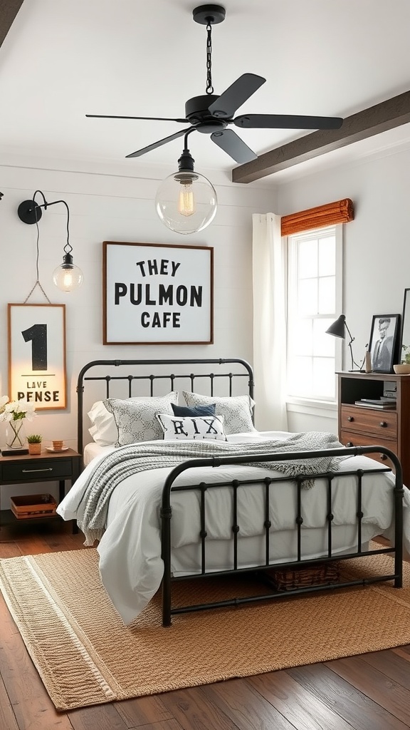 Cozy modern farmhouse bedroom with industrial elements, featuring a black metal bed, soft bedding, and unique wall decor.