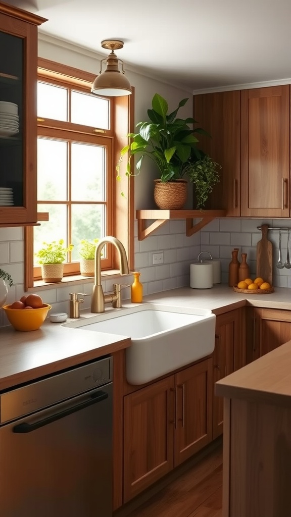 Modern farmhouse kitchen featuring a farmhouse sink with yellow accents, wooden cabinets, and natural light.