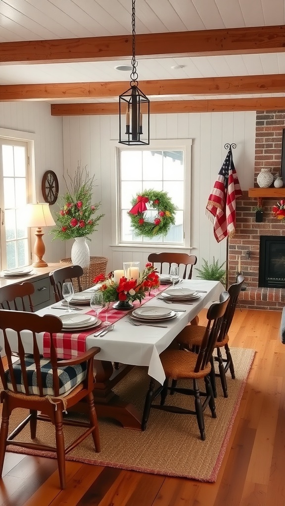 A farmhouse dining table decorated for the holidays with a red and white checked runner, candle centerpiece, and festive decor.
